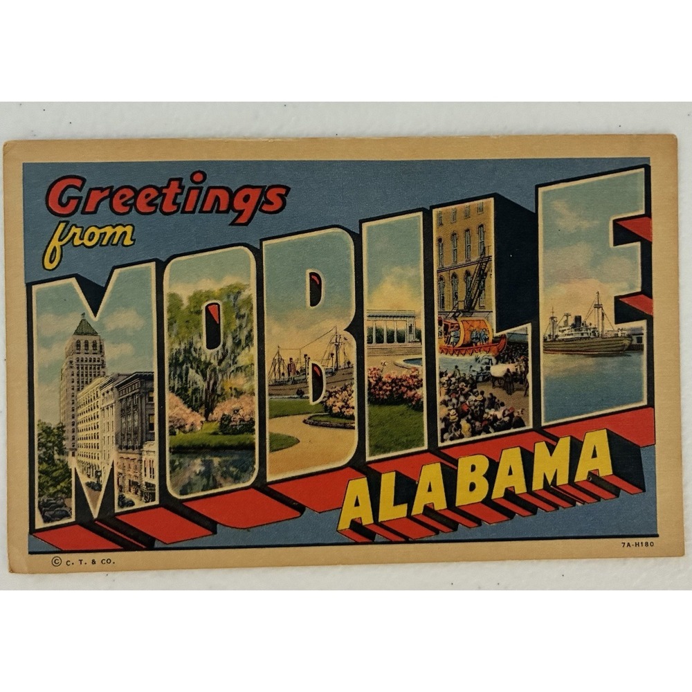 Curt Teich Postcard Mobile Alabama Large Letter Linen Vintage Greetings 7A-H180